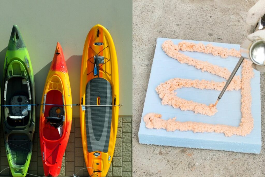 a photo of kayaks and spray foam to show can you fill a kayak with foam